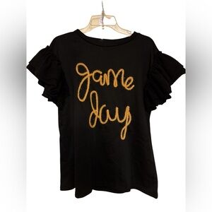 Black Ruffle Sleeve Top with Gold Script